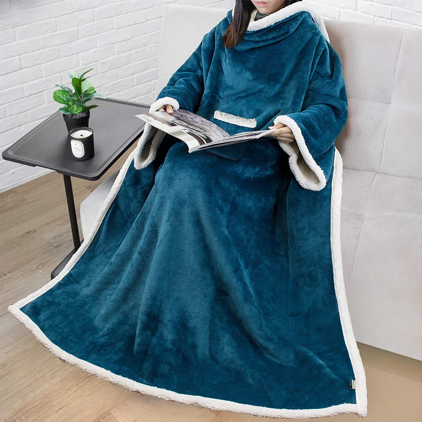 Rynx | Deluxe Cozy Sherpa or Fleece Adult Portable 70" Blanket with Sleeves for Men & Women