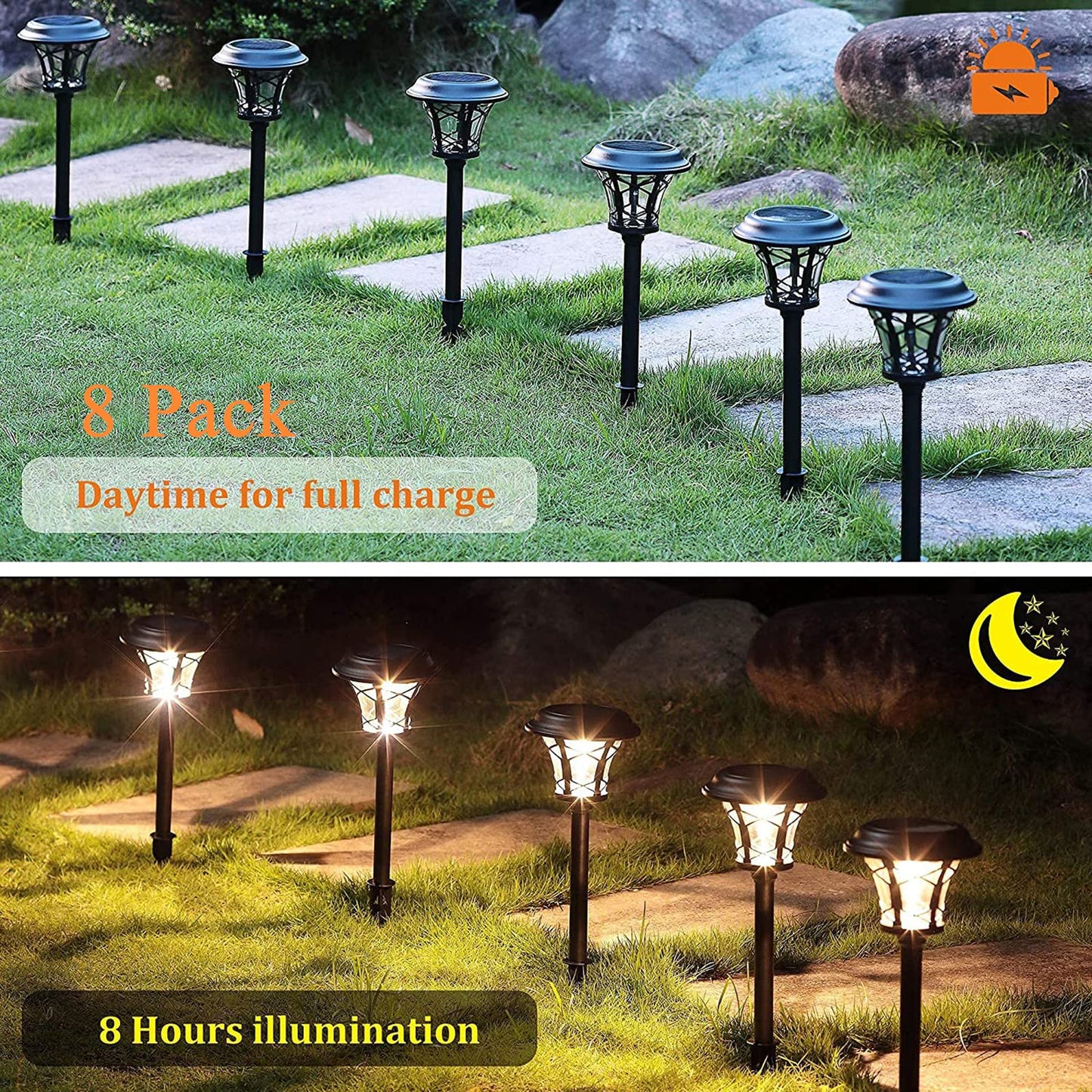 Rynx | Maggift 8 Pack Solar-Powered Path Lights, 25 Lumen SMD LED, Stainless Steel & Glass, Waterproof
