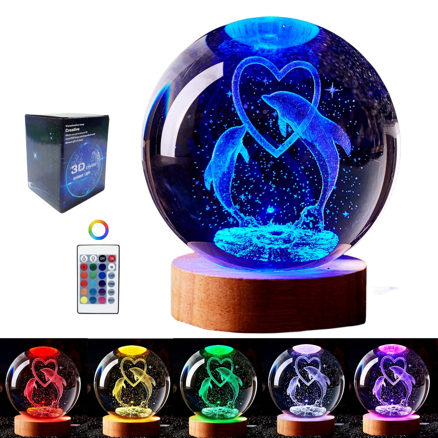 Rynx | Digfpwt Dolphin Crystal Ball Lamp, 3.15 Inches K9 Crystal Ball Night Light With Wooden Base, 16 Colors Change With Remote Control