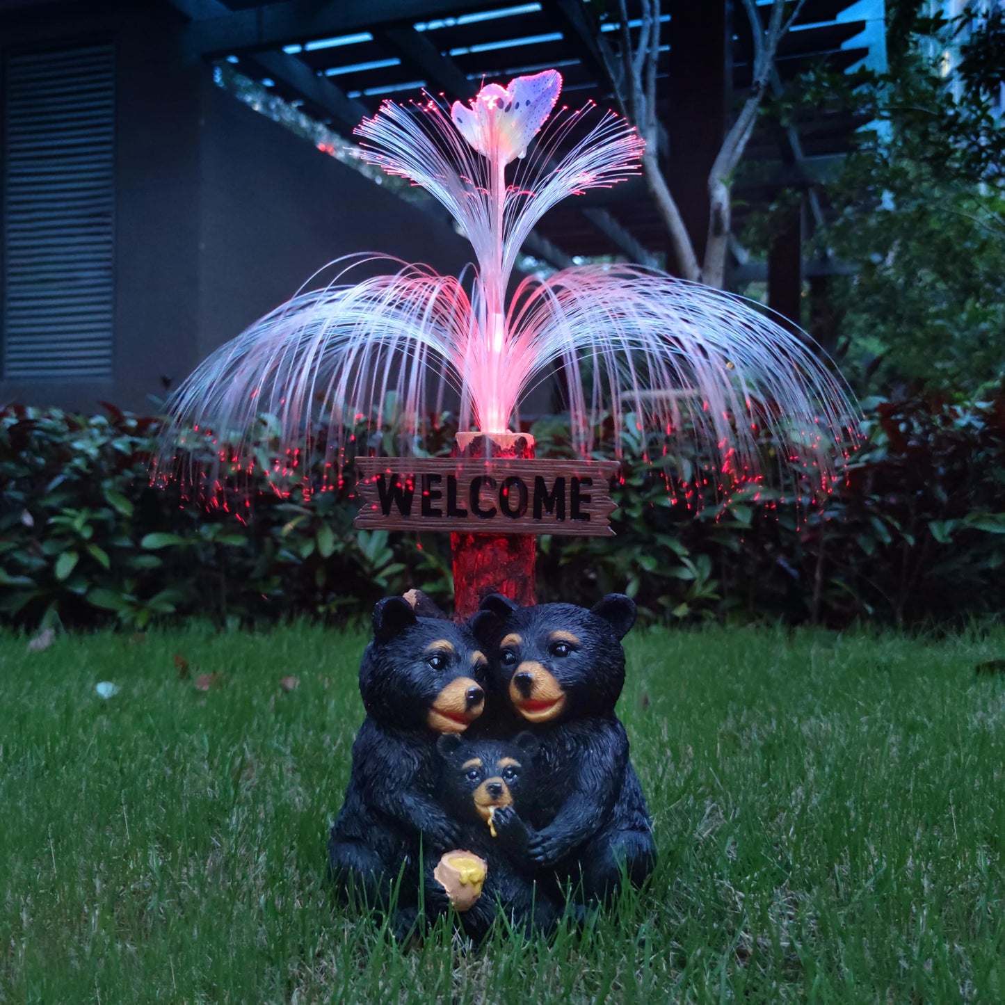Rynx | Rctticuu Solar Bear Garden Statues, Resin Black Bear Family Figure with Welcome Card and 7-Color Changing Optical Fiber with So