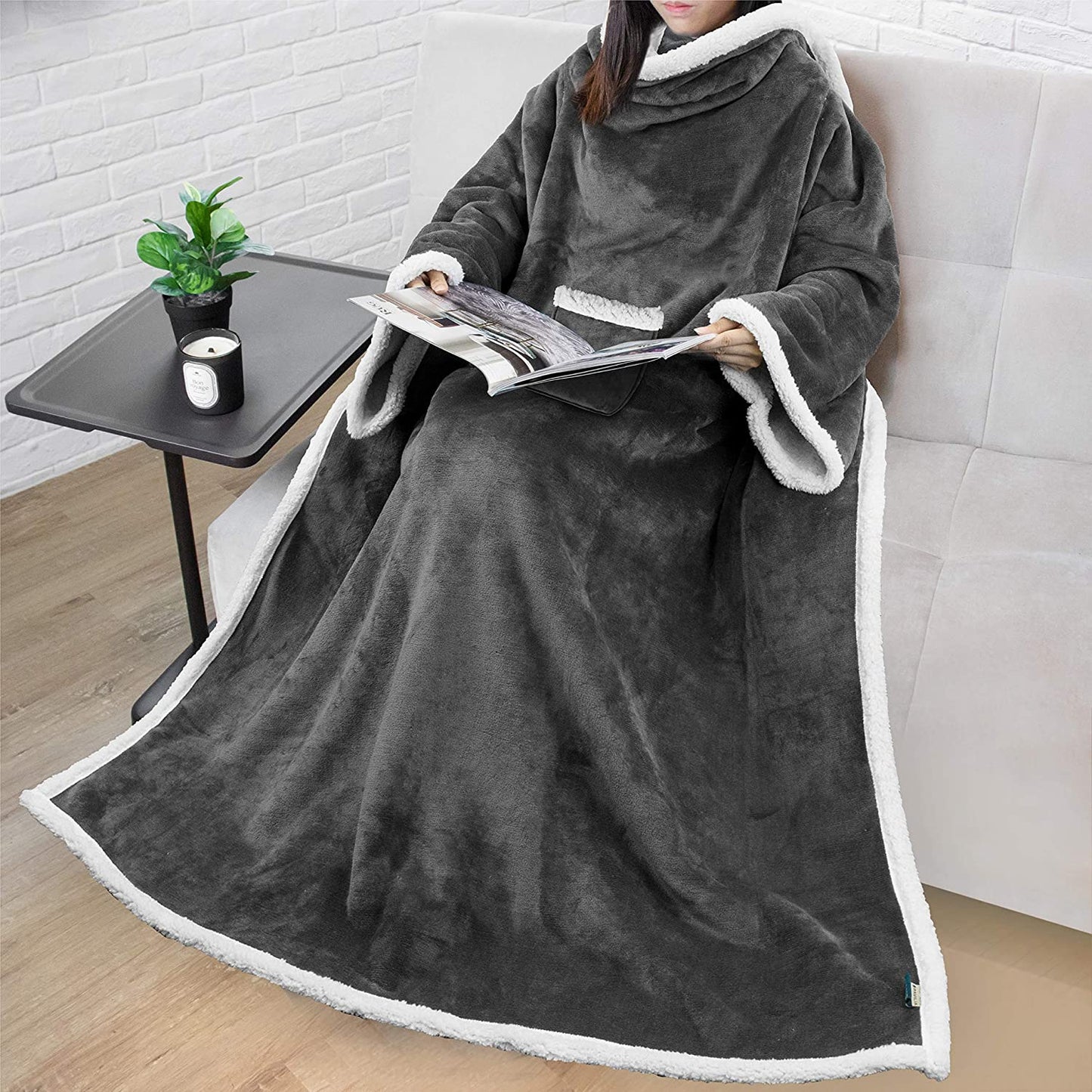 Rynx | Deluxe Cozy Sherpa or Fleece Adult Portable 70" Blanket with Sleeves for Men & Women