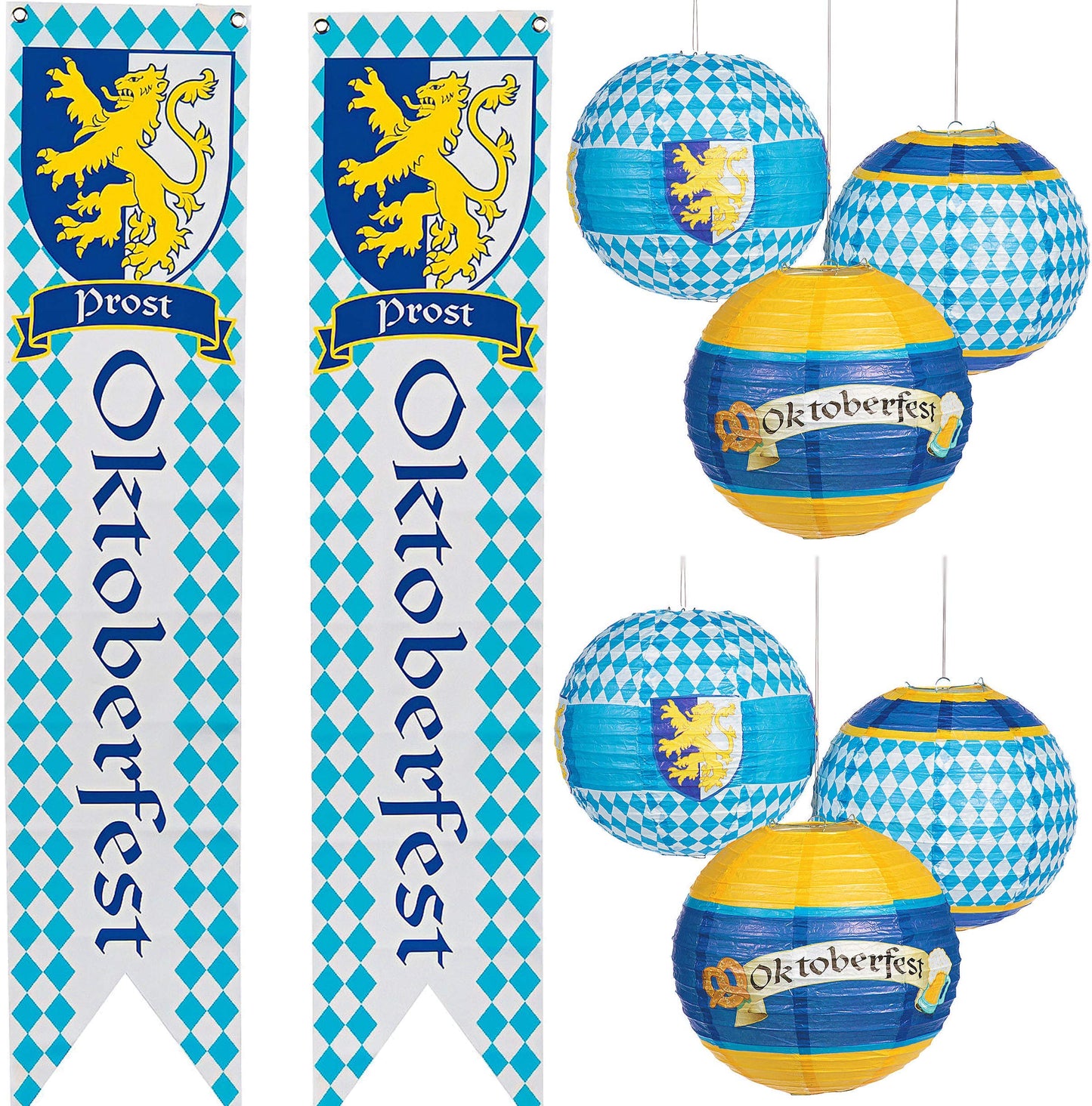 Rynx | 8 Pcs Oktoberfest Decorations Set - 6 Hanging Paper Lanterns & 2 Wall Banners For Oktoberfest Party Supplies, Oktoberfest Decor By 4E'S Novelty