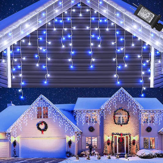 Rynx | Toodour White & Blue Christmas Hanging Lamp, 29.5Ft 360 Led Hanging Lamp, 8 Modes, 60 Drops, Window Curtain Led Christmas Lights, Hanging Lights Flash For Gutters, Party, Wedding, Christmas Decorations