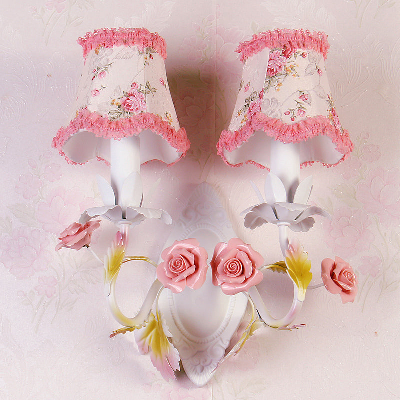 Rynx | White 1/2-Head Wall Lamp Romantic Pastoral Fabric Bell Wall Lighting with Rose Decor