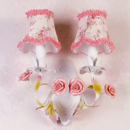 Rynx | White 1/2-Head Wall Lamp Romantic Pastoral Fabric Bell Wall Lighting with Rose Decor