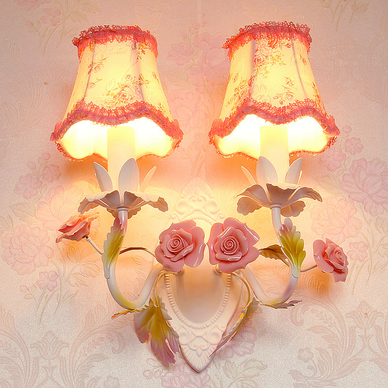 Rynx | White 1/2-Head Wall Lamp Romantic Pastoral Fabric Bell Wall Lighting with Rose Decor
