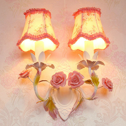 Rynx | White 1/2-Head Wall Lamp Romantic Pastoral Fabric Bell Wall Lighting with Rose Decor
