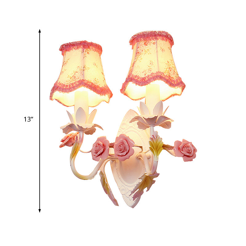 Rynx | White 1/2-Head Wall Lamp Romantic Pastoral Fabric Bell Wall Lighting with Rose Decor