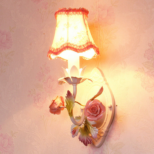 Rynx | White 1/2-Head Wall Lamp Romantic Pastoral Fabric Bell Wall Lighting with Rose Decor
