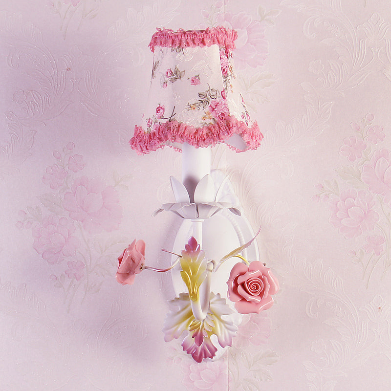 Rynx | White 1/2-Head Wall Lamp Romantic Pastoral Fabric Bell Wall Lighting with Rose Decor