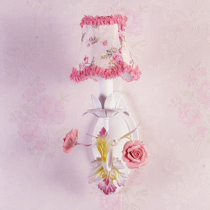Rynx | White 1/2-Head Wall Lamp Romantic Pastoral Fabric Bell Wall Lighting with Rose Decor