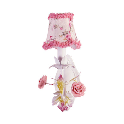 Rynx | White 1/2-Head Wall Lamp Romantic Pastoral Fabric Bell Wall Lighting with Rose Decor