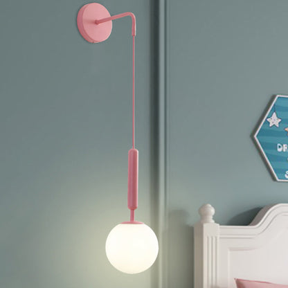 Rynx | 1 Bulb Wall Pendant Light Minimalism Pink Finish Wall Mounted Lamp with Globe White Matte/Clear Water Glass Shade