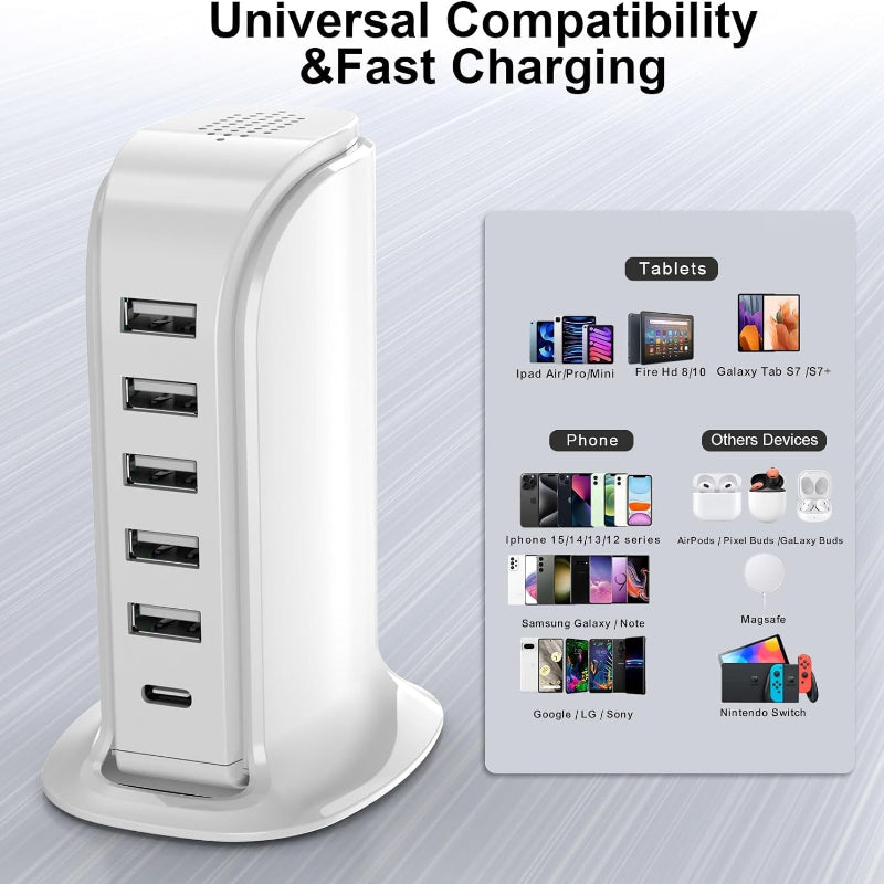 Rynx | Charging station for multiple devices, 5 USB + 1 Type-C fast charger for home and office