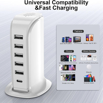 Rynx | Charging station for multiple devices, 5 USB + 1 Type-C fast charger for home and office