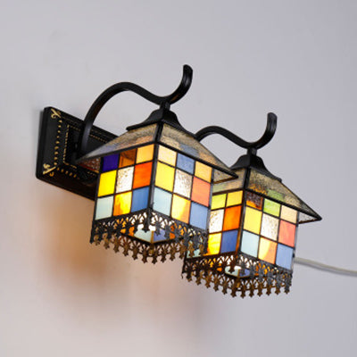 Rynx | Multi Color House Wall Lamp with linear backplate Lodge glass and metal wall lamp in antique bronze