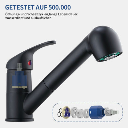 Rynx | Black Faucet Kitchen, Kitchen Faucets with 2 Spray Types Faucet with Pull-Out Spray, Mixing Valve Kitchen for Dual Sink