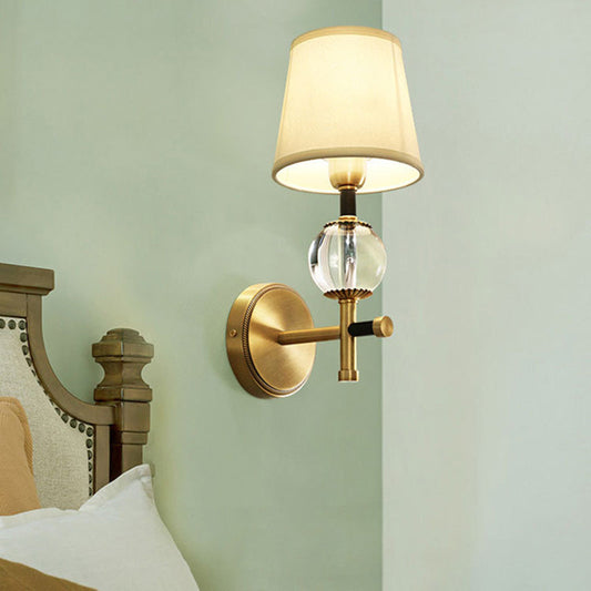 Rynx | 1/2-Head Bedroom Wall Lamp Modernism Brass Finish Clear Crystal Wall Light with Conical Fabric Shade