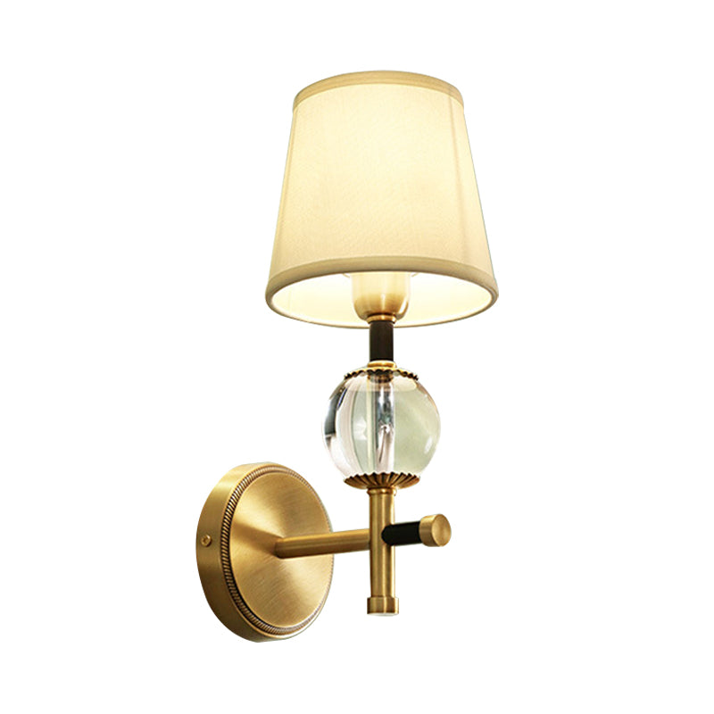 Rynx | 1/2-Head Bedroom Wall Lamp Modernism Brass Finish Clear Crystal Wall Light with Conical Fabric Shade