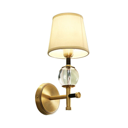 Rynx | 1/2-Head Bedroom Wall Lamp Modernism Brass Finish Clear Crystal Wall Light with Conical Fabric Shade