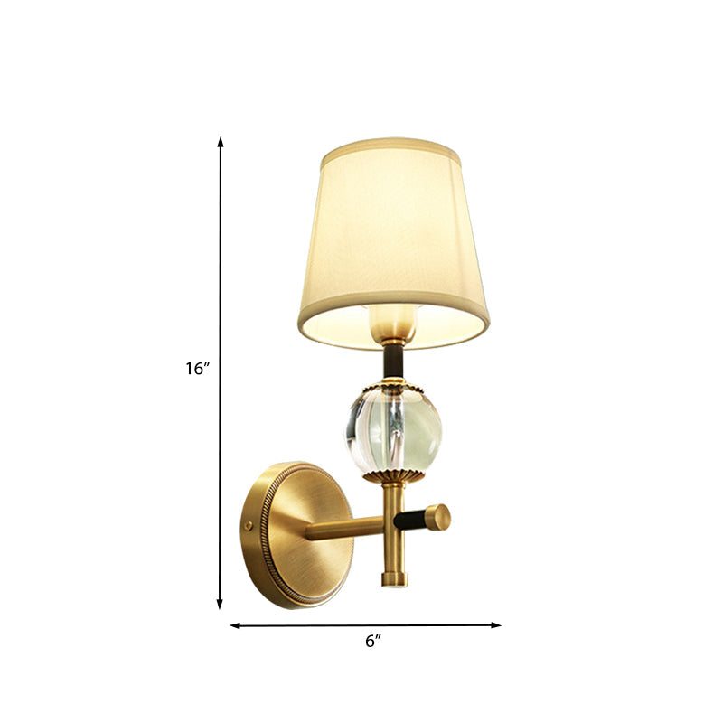Rynx | 1/2-Head Bedroom Wall Lamp Modernism Brass Finish Clear Crystal Wall Light with Conical Fabric Shade
