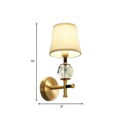 Rynx | 1/2-Head Bedroom Wall Lamp Modernism Brass Finish Clear Crystal Wall Light with Conical Fabric Shade
