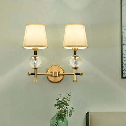 Rynx | 1/2-Head Bedroom Wall Lamp Modernism Brass Finish Clear Crystal Wall Light with Conical Fabric Shade