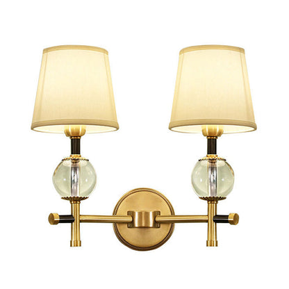 Rynx | 1/2-Head Bedroom Wall Lamp Modernism Brass Finish Clear Crystal Wall Light with Conical Fabric Shade