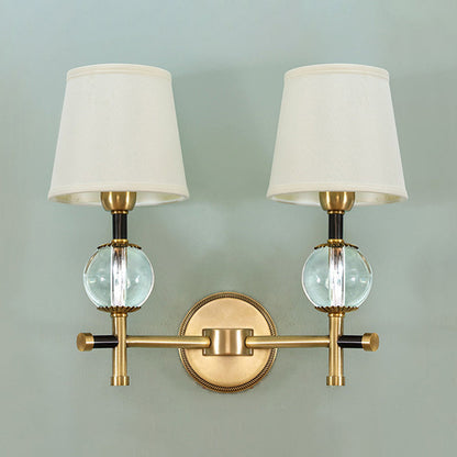 Rynx | 1/2-Head Bedroom Wall Lamp Modernism Brass Finish Clear Crystal Wall Light with Conical Fabric Shade