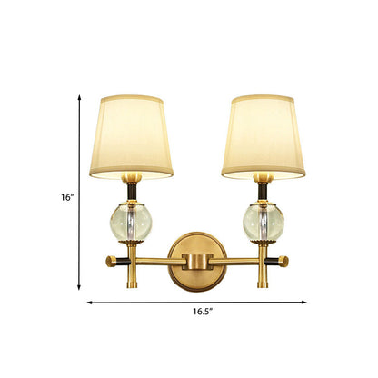 Rynx | 1/2-Head Bedroom Wall Lamp Modernism Brass Finish Clear Crystal Wall Light with Conical Fabric Shade