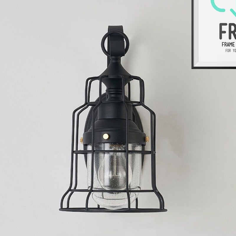 Rynx | 1 Light Bell Shade Wall Lamp Industrial Black Glass Wall Lamp for Corridor with Metal Cage Frame