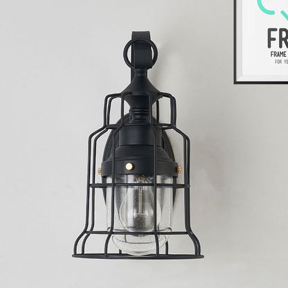 Rynx | 1 Light Bell Shade Wall Lamp Industrial Black Glass Wall Lamp for Corridor with Metal Cage Frame