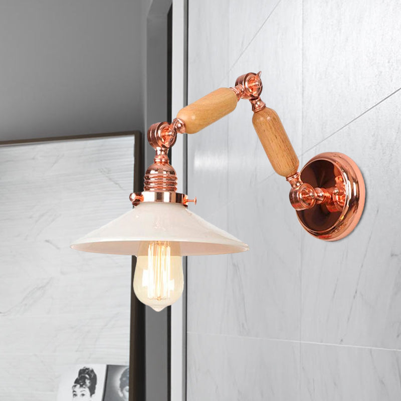 Rynx | White glass conical wall lamp industrial 1 light living room lighting fixture with retractable arm