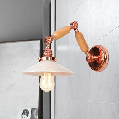 Rynx | White glass conical wall lamp industrial 1 light living room lighting fixture with retractable arm