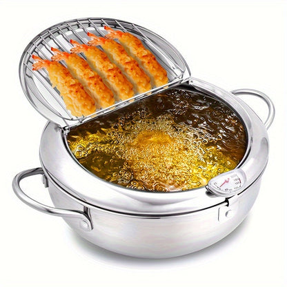 Rynx | 304 Stainless Steel Tempura Fryer Pot – 2.2L, Non-Stick, with Thermometer & Lid for Chicken & Tempura