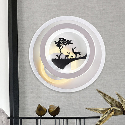 Rynx | White circular wall lighting idea simplicity LED acrylic wall lamp with tree and moose decoration for bedroom