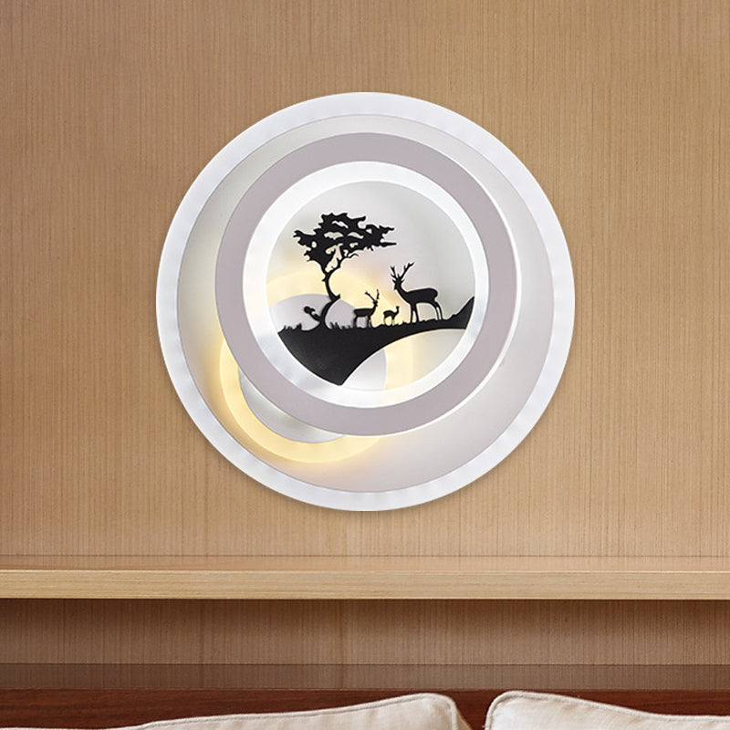 Rynx | White circular wall lighting idea simplicity LED acrylic wall lamp with tree and moose decoration for bedroom