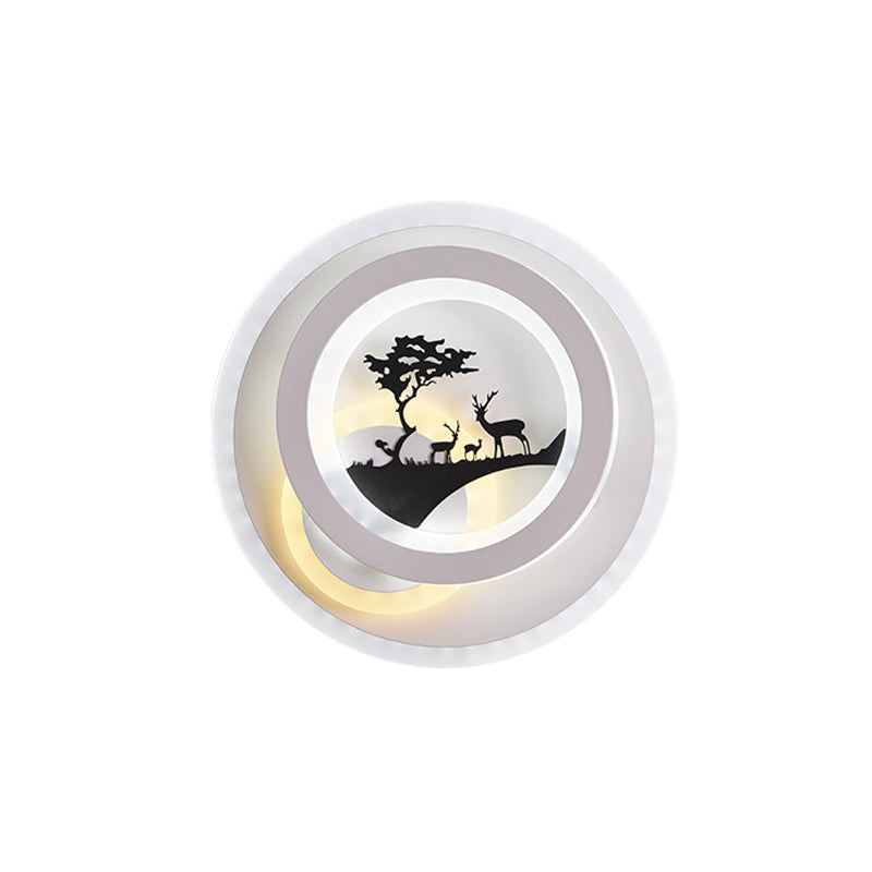 Rynx | White circular wall lighting idea simplicity LED acrylic wall lamp with tree and moose decoration for bedroom