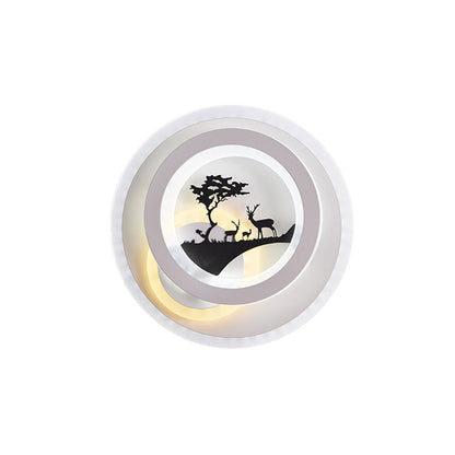 Rynx | White circular wall lighting idea simplicity LED acrylic wall lamp with tree and moose decoration for bedroom
