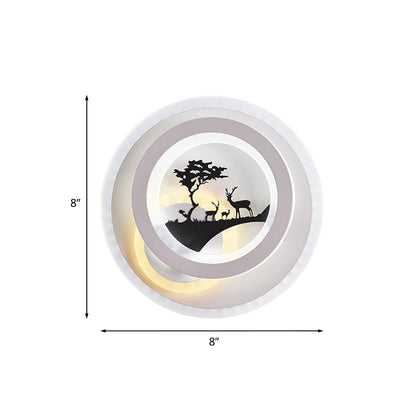 Rynx | White circular wall lighting idea simplicity LED acrylic wall lamp with tree and moose decoration for bedroom
