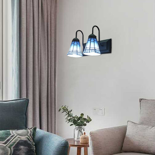 Rynx | 2 Head Living Room Wall Mounted Light Tiffany Black Wall Lamp with Extended Blue Glass Shade