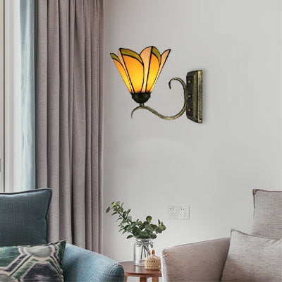 Rynx | Yellow conical wall lamp 1 head Tiffany glass wall sconce in antique bronze for the study