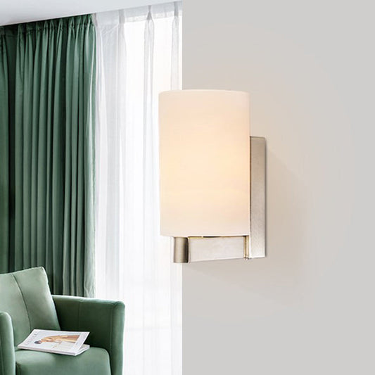 Rynx | White glass cylinder wall lamp Modern 1 light chrome wall light for hallway