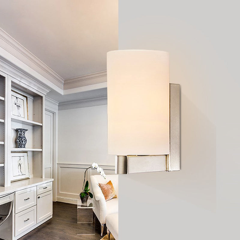 Rynx | White glass cylinder wall lamp Modern 1 light chrome wall light for hallway