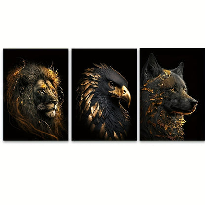 Rynx | 3 pcs Unframed Canvas Poster - Modern Art, Abstract Paintings of The Golden Lion and Eagle, Ideal Gift for Bedroom, Living Room, Hallway, Wall Decoration, Winter Decoration, Room Decor
