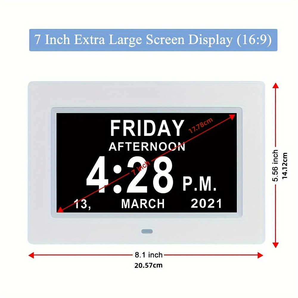 Rynx | 7-Inch Digital Clock for Seniors - Day & Date Display, Customizable Alarms, Medicine Reminders, 3 Modes, Large Font, Ideal for Elderly and Dementia Patients, Black