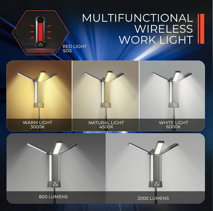 Rynx | Rechargeable LED work light with stand - Wireless dimmable camping light with detachable tripod, hook, and carry bag