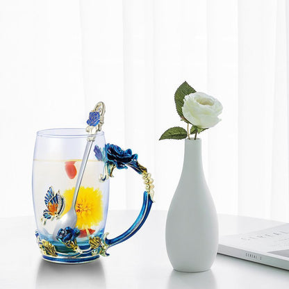 Rynx | Enamel Rose Glass Tea Cup Set (With Spoon)