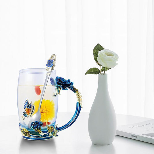 Rynx | Enamel Rose Glass Tea Cup Set (With Spoon)