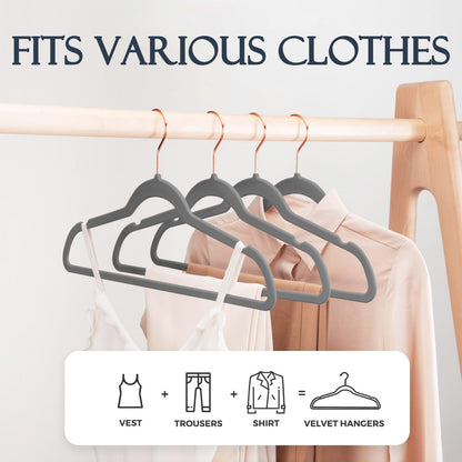 Rynx | 20/30/60 Pack Velvet Hangers - Premium Non-Slip Felt Hangers with Sturdy Black/White Finish - Heavy Duty Coat and Suit Hangers with Space-Saving 360° Rotating Rose Gold/Galvanized Metal Hook